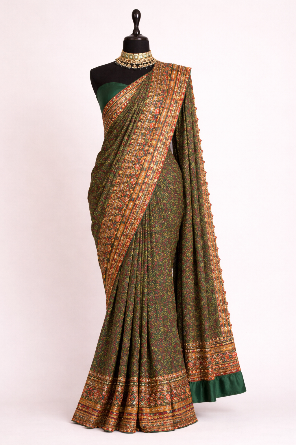 Detail view of Forest Green Crepe Saree with Sequin Work
