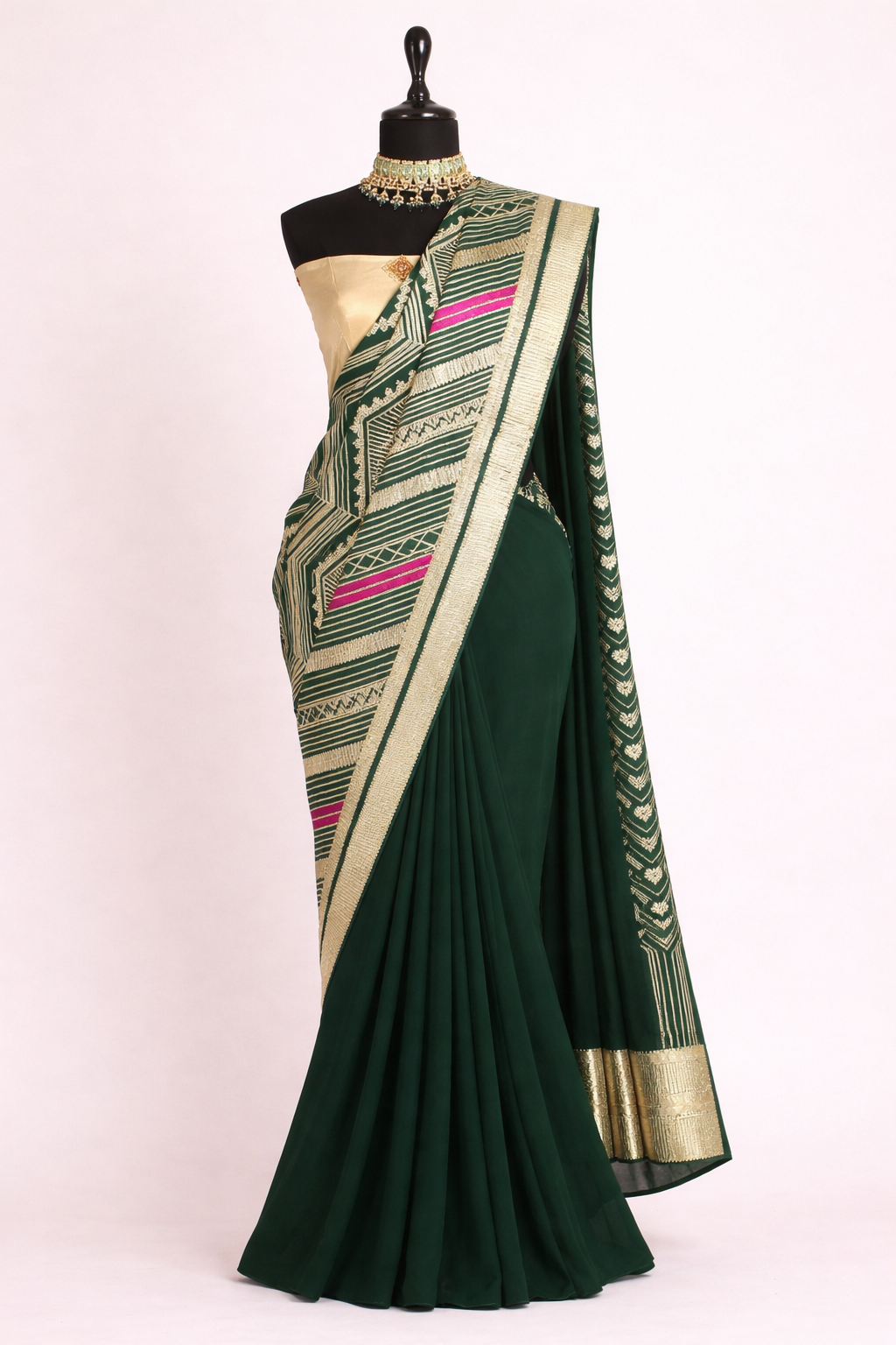 Detail view of Half & Half Georgette Saree with Gota Work – Bottle Green