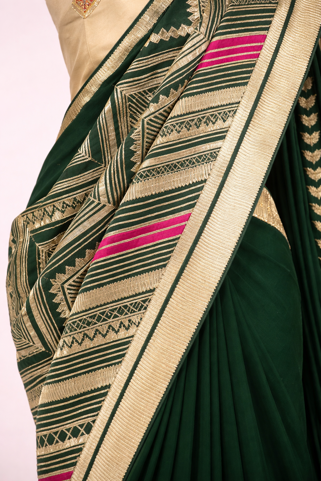 Detail view of Half & Half Georgette Saree with Gota Work – Bottle Green