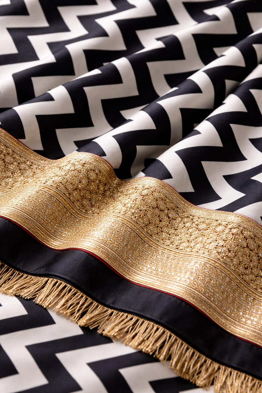 Detail view of Black & White Zig Zag Satin Saree with Kiran Details
