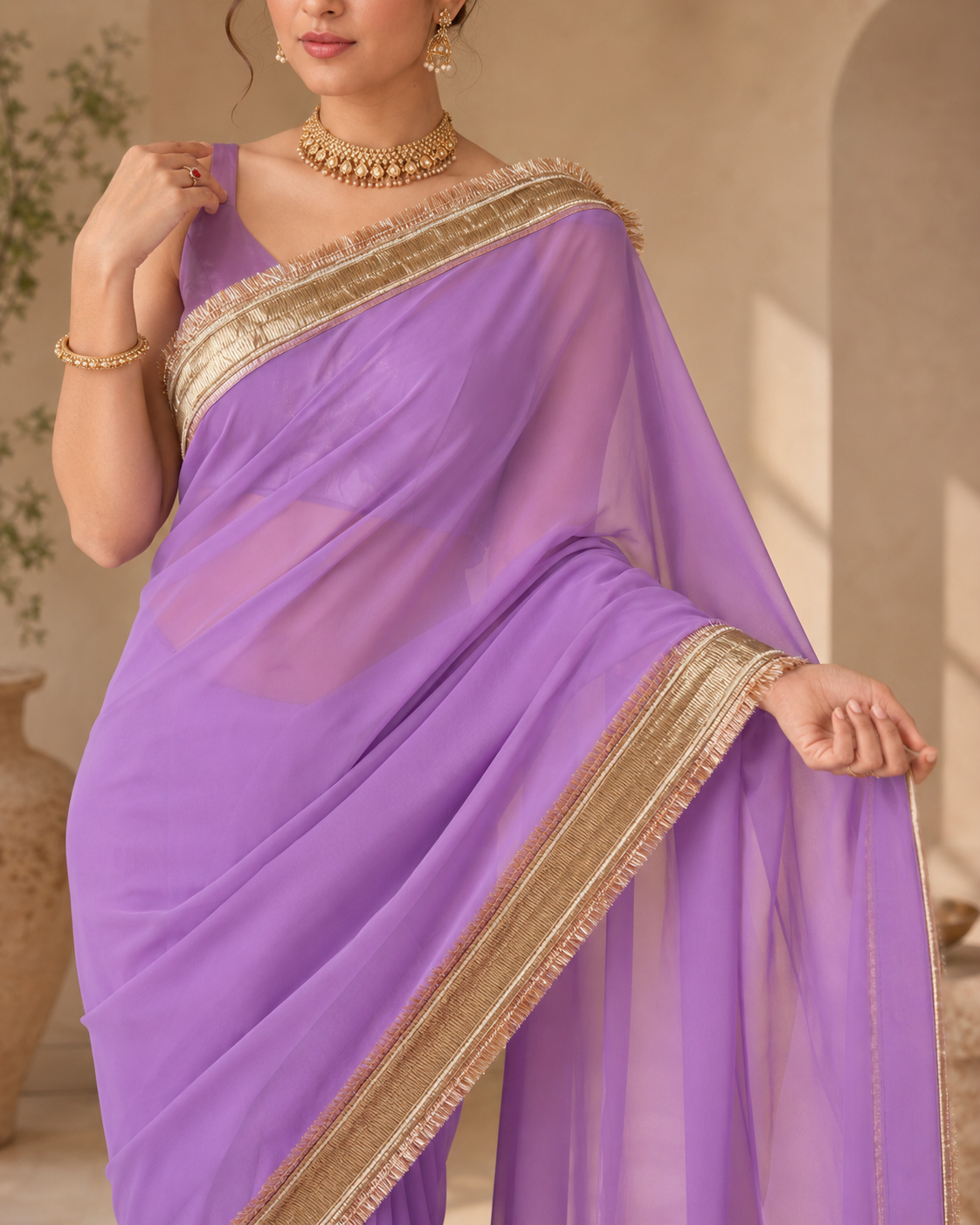 Detail view of Noor-e-Hyderabad Pure Georgette Saree with Hyderabadi Gota Work